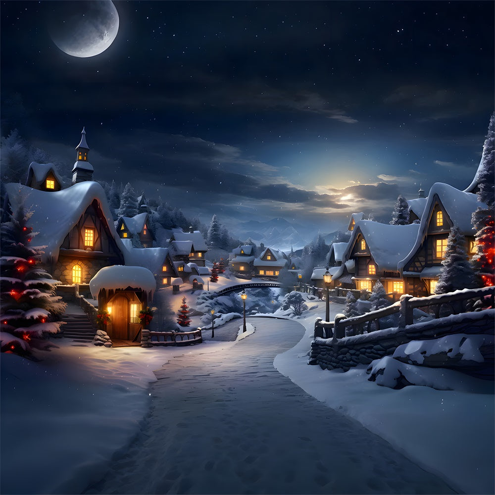 Snowy Forest Village Lights Christmas Backdrop RR7-803