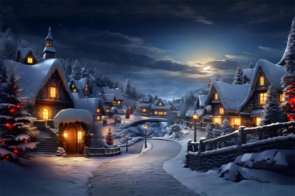 Snowy Forest Village Lights Christmas Backdrop RR7-803