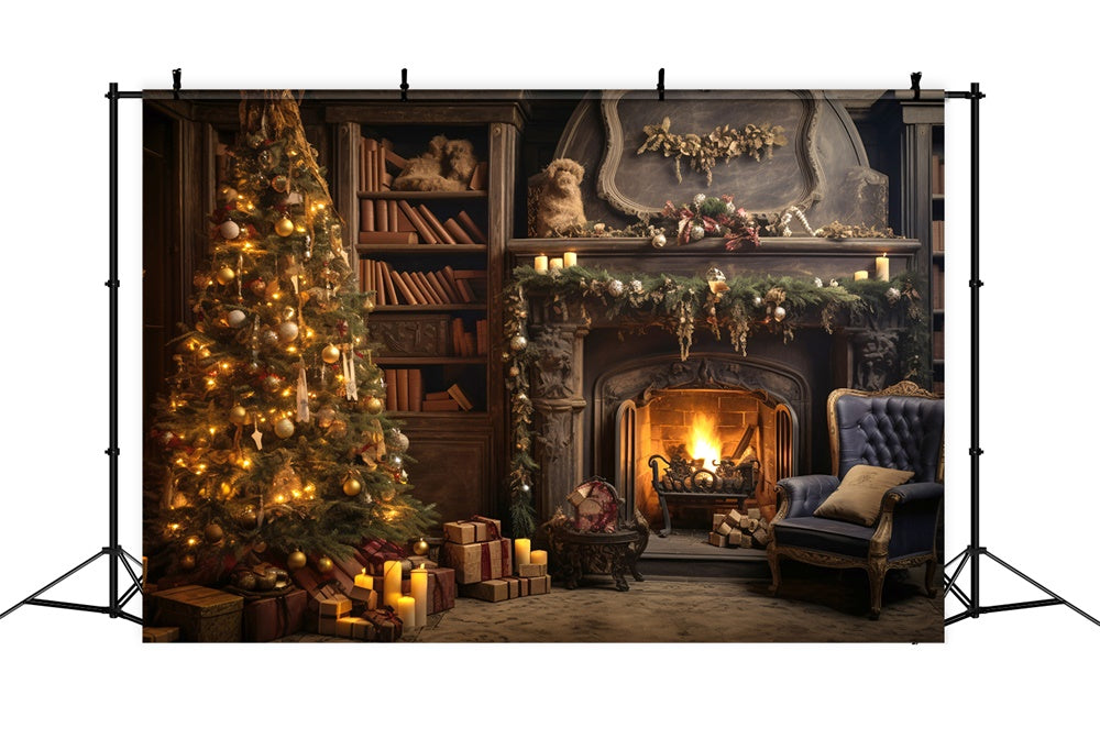 Glowing Christmas Tree Burning Fireplace Backdrop RR7-804