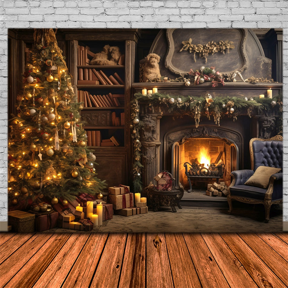 Glowing Christmas Tree Burning Fireplace Backdrop RR7-804