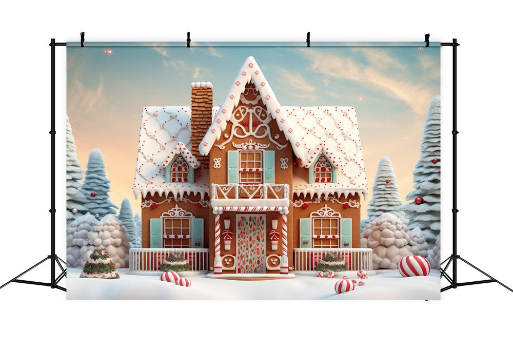 Snow Christmas Tree Gingerbread House Backdrop RR7-806