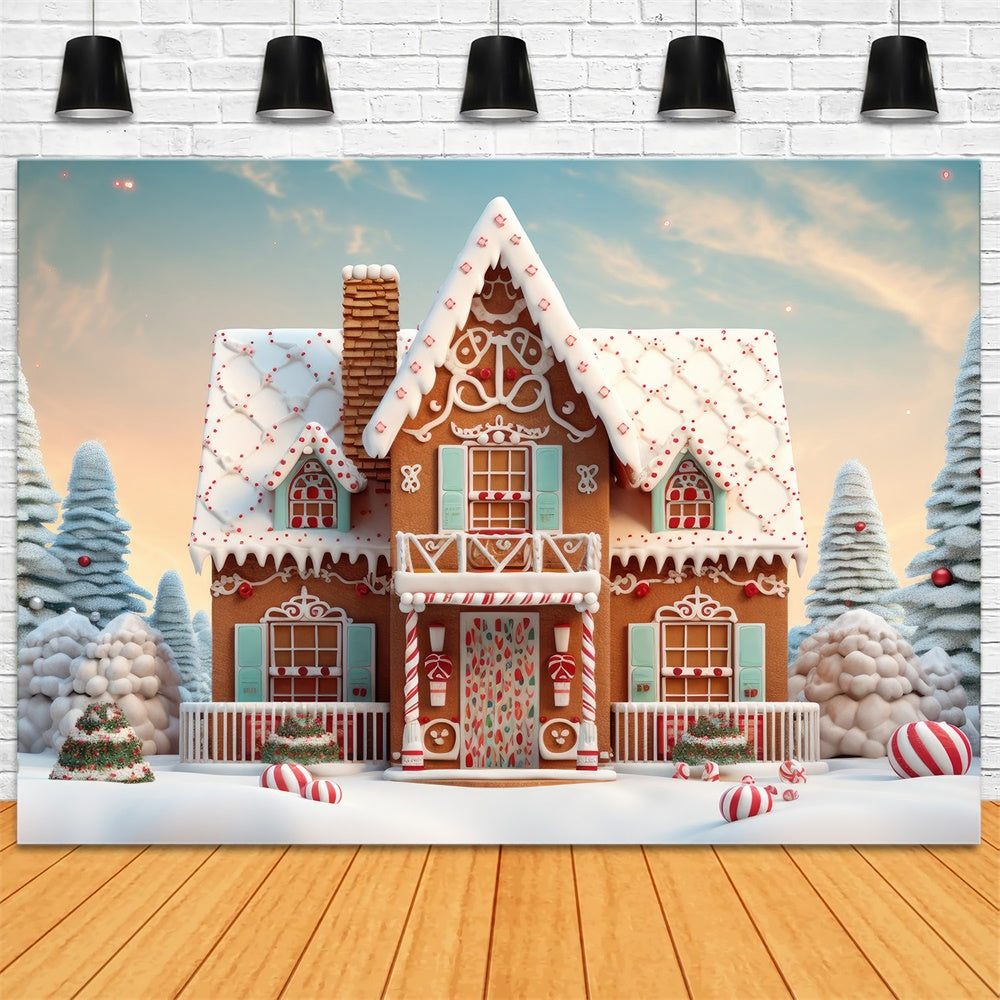 Snow Christmas Tree Gingerbread House Backdrop RR7-806