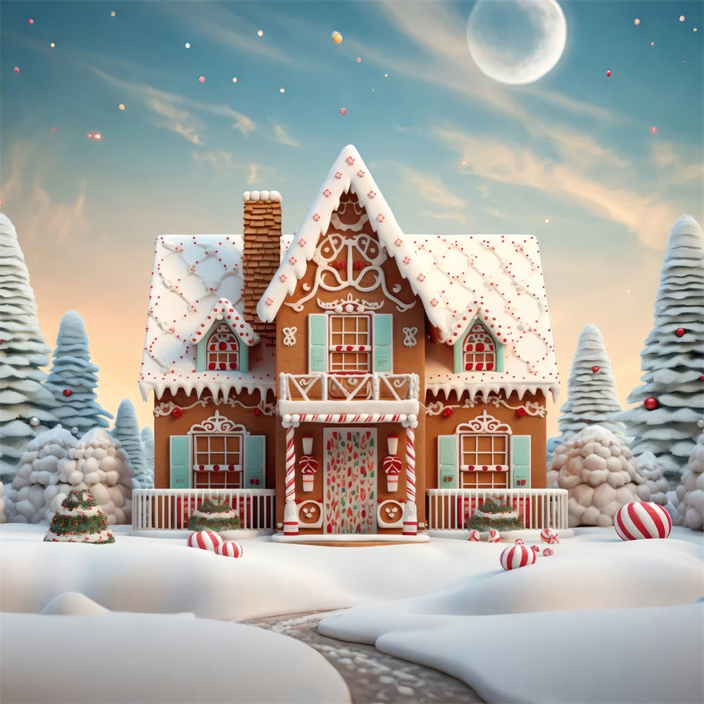 Snow Christmas Tree Gingerbread House Backdrop RR7-806