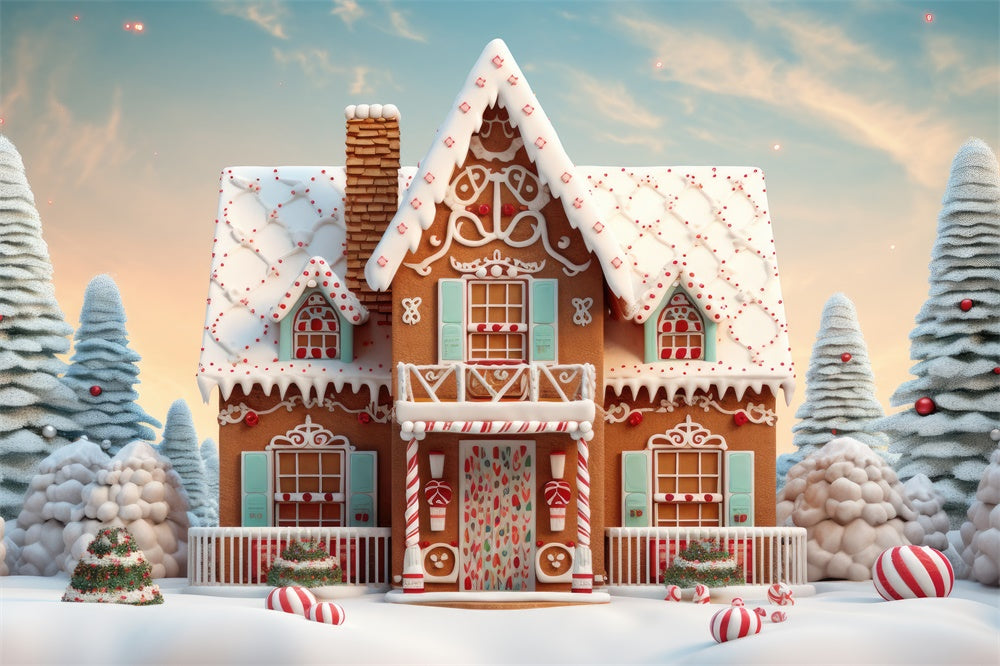 Snow Christmas Tree Gingerbread House Backdrop RR7-806