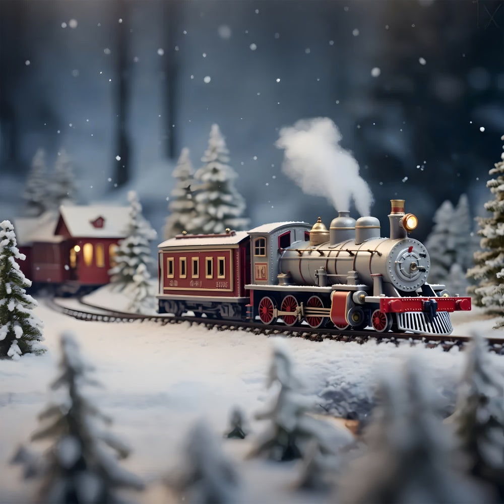 Christmas Tree Snowy House Train Backdrop RR7-807