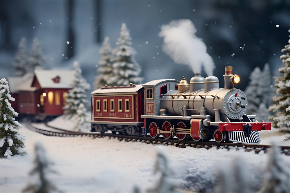 Christmas Tree Snowy House Train Backdrop RR7-807