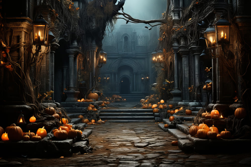 Gothic Halloween Mansion Pumpkin Lanterns Backdrop RR7-80