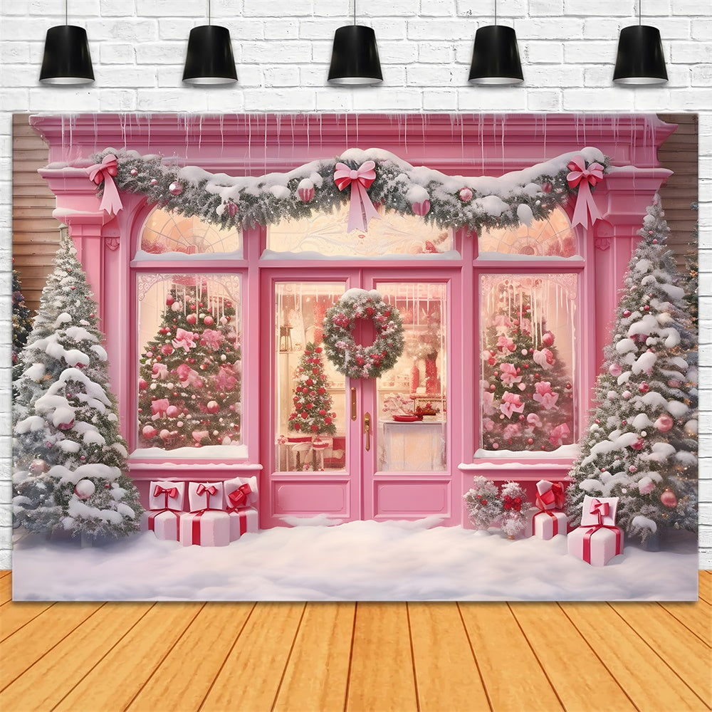 Pink Christmas Shop Garland Snow Backdrop RR7-811