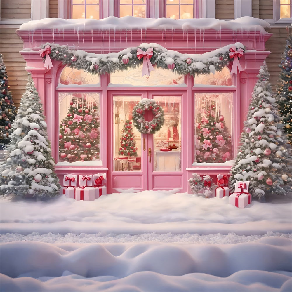 Pink Christmas Shop Garland Snow Backdrop RR7-811