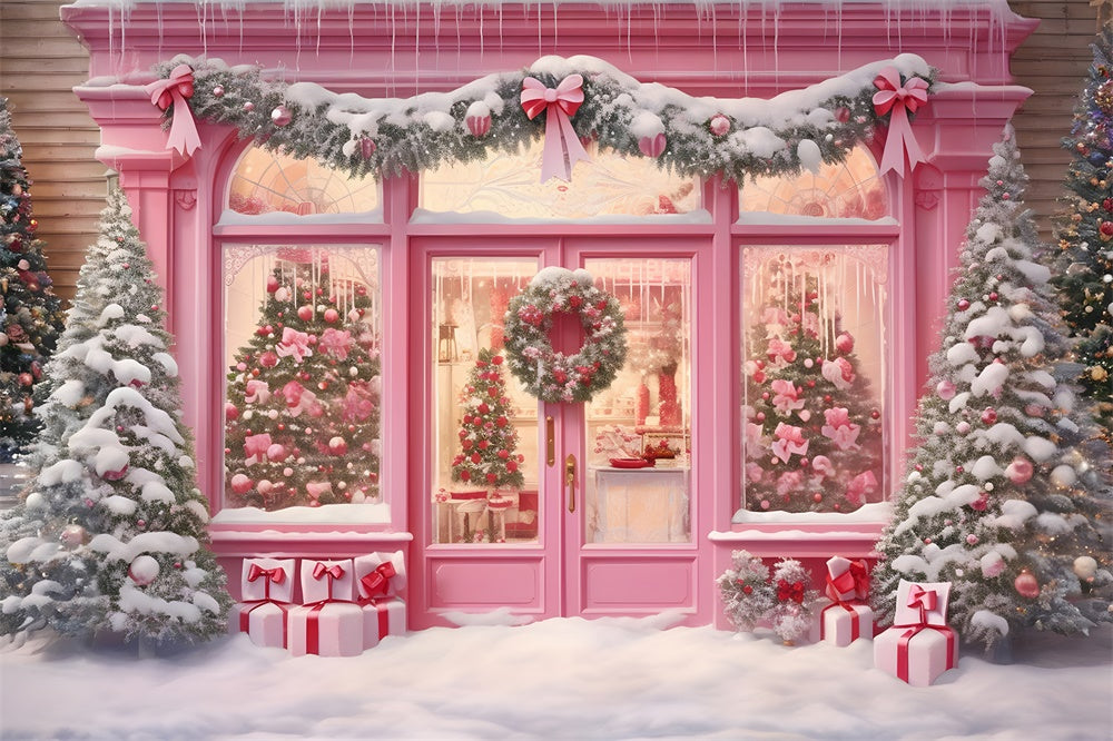 Pink Christmas Shop Garland Snow Backdrop RR7-811