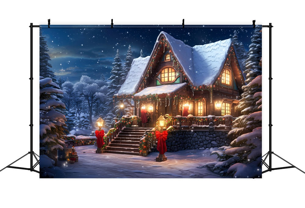 Forest Snowy House Lights Christmas Backdrop RR7-813