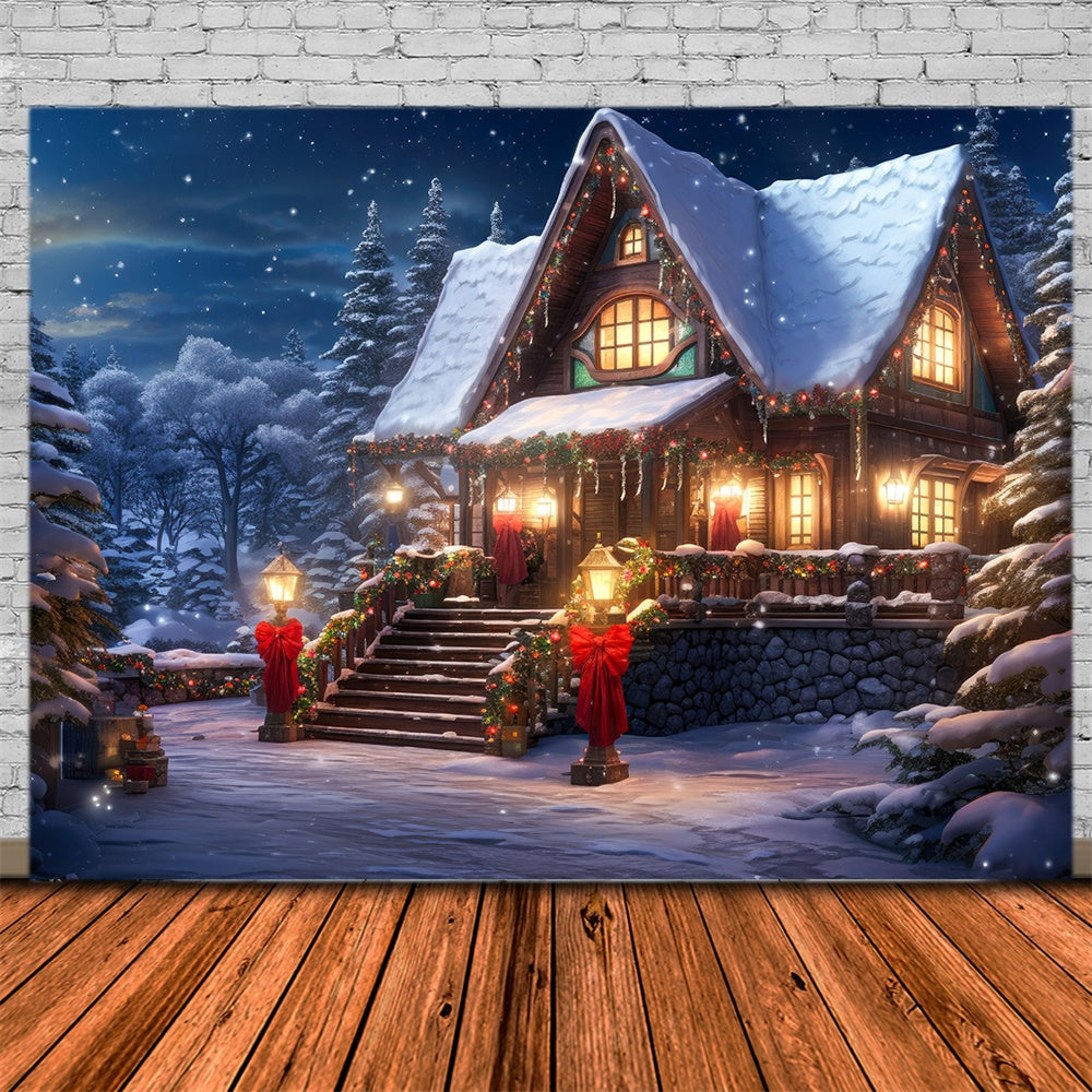 Forest Snowy House Lights Christmas Backdrop RR7-813