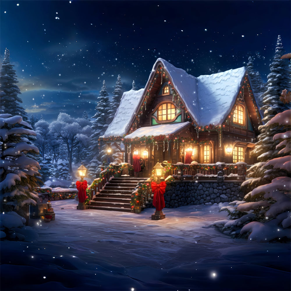 Forest Snowy House Lights Christmas Backdrop RR7-813