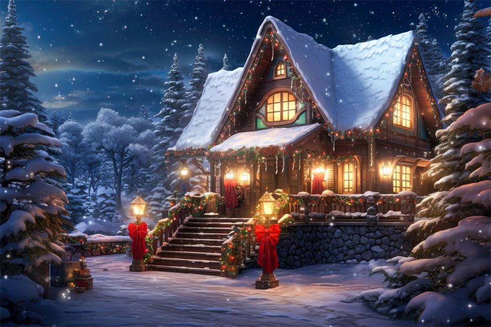 Forest Snowy House Lights Christmas Backdrop RR7-813