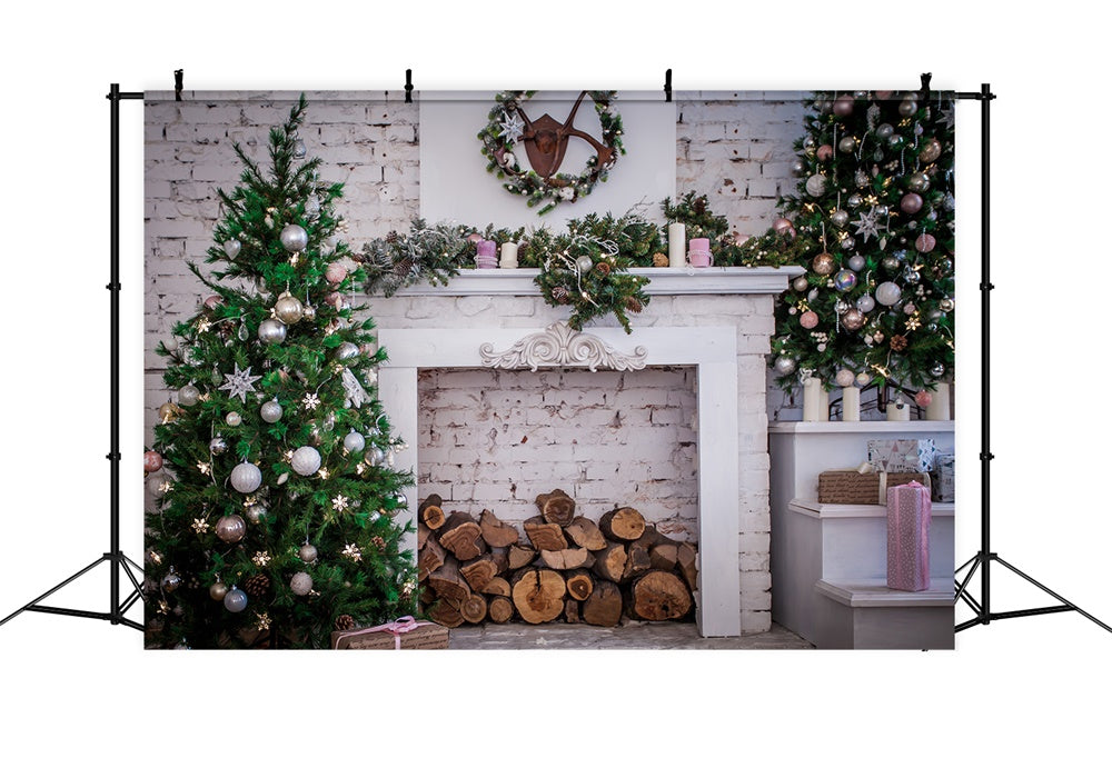 Christmas Tree Fireplace Brick Wall Backdrop RR7-817