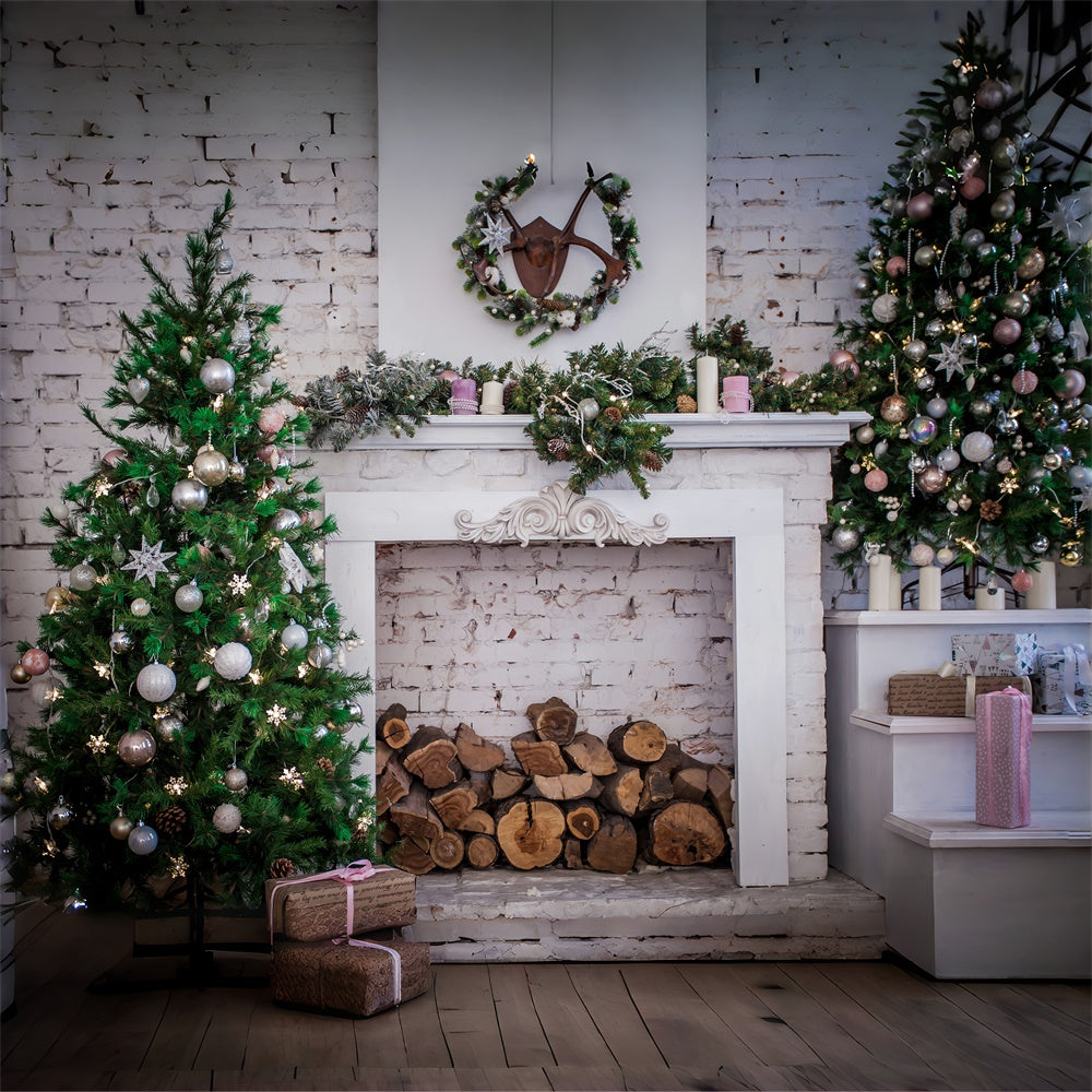 Christmas Tree Fireplace Brick Wall Backdrop RR7-817