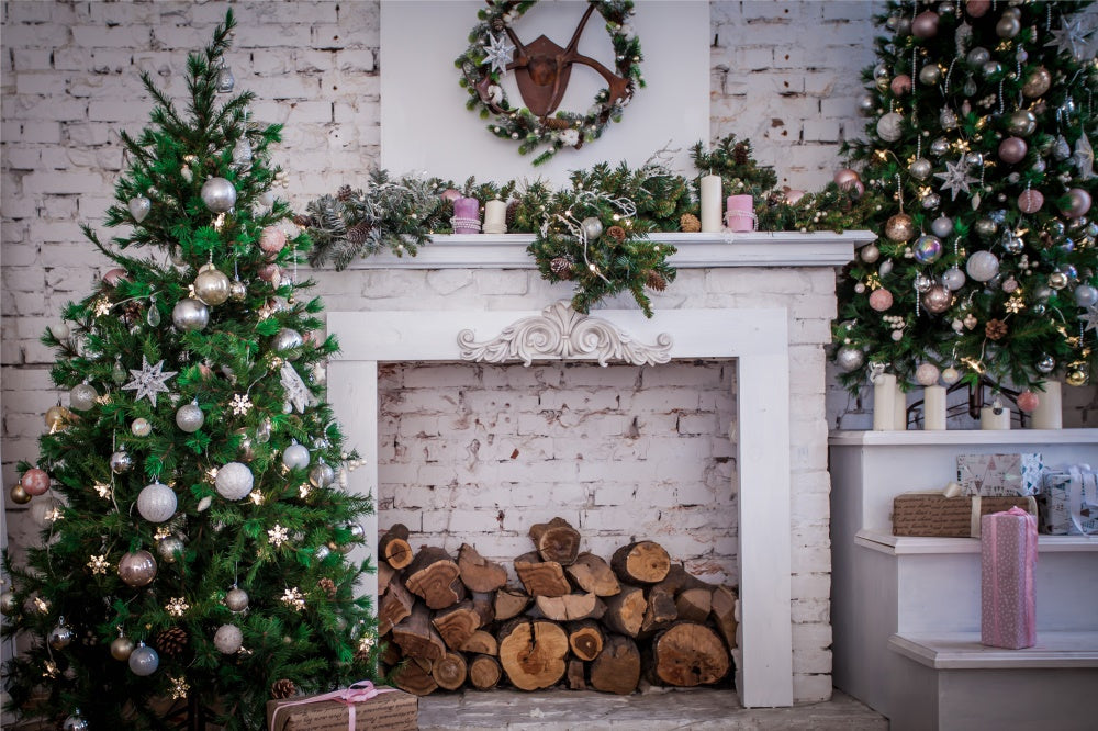 Christmas Tree Fireplace Brick Wall Backdrop RR7-817