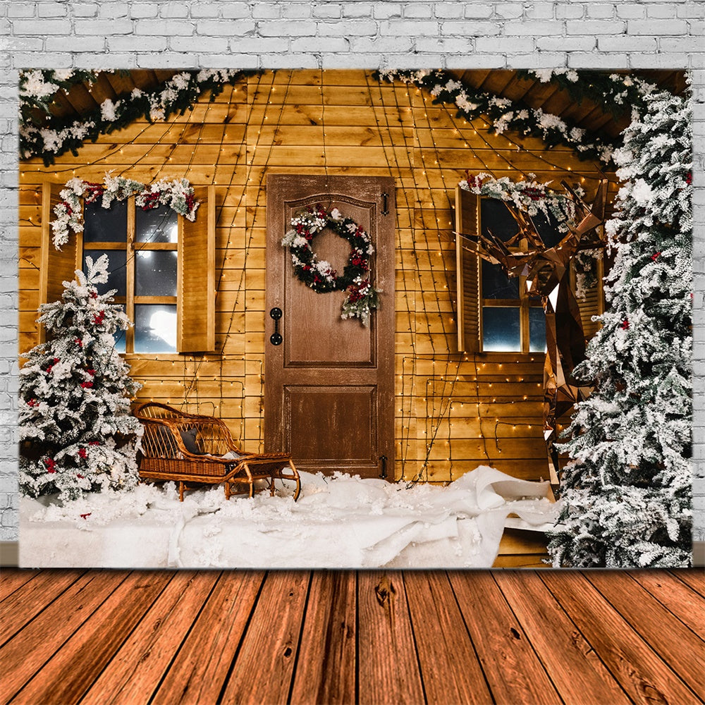 Snow Christmas Tree Wooden House Backdrop RR7-826