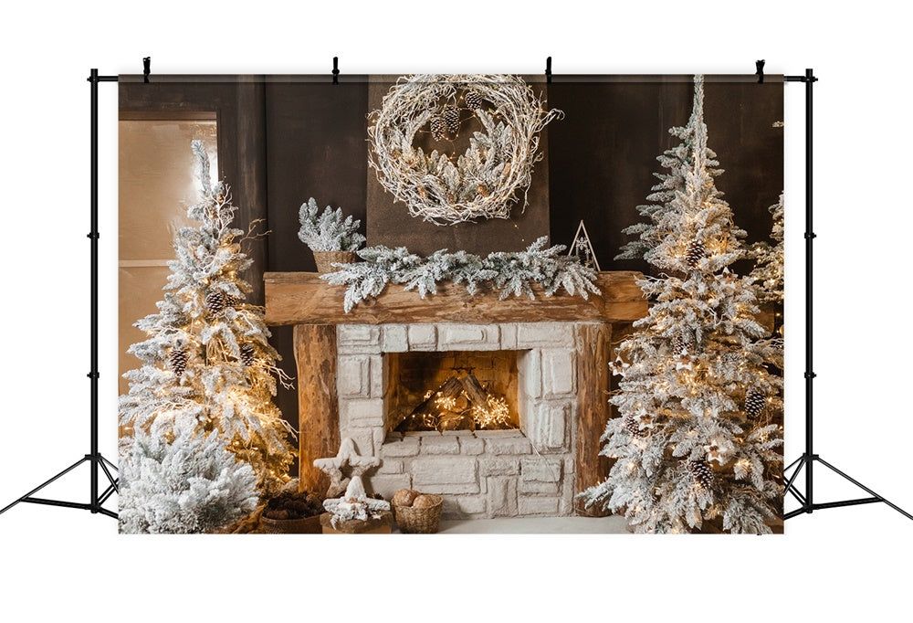 Christmas Tree Cozy Fireplace Wreath Backdrop RR7-827