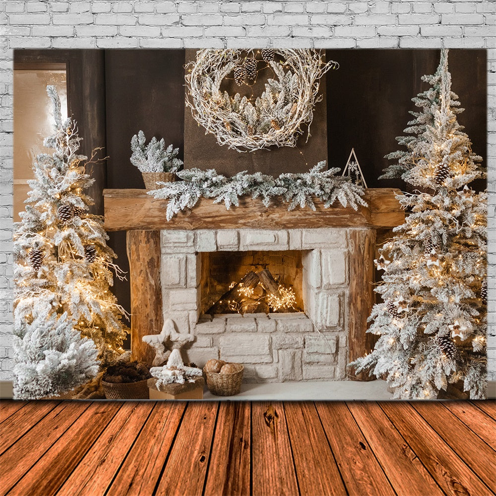 Christmas Tree Cozy Fireplace Wreath Backdrop RR7-827