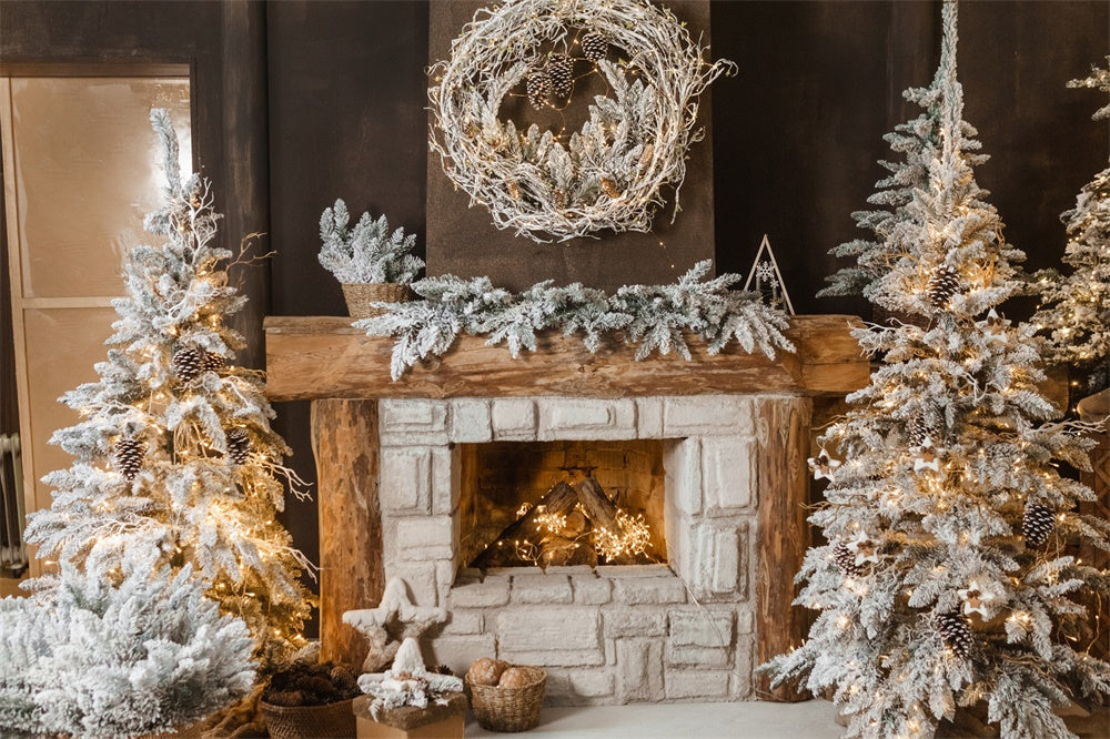 Christmas Tree Cozy Fireplace Wreath Backdrop RR7-827