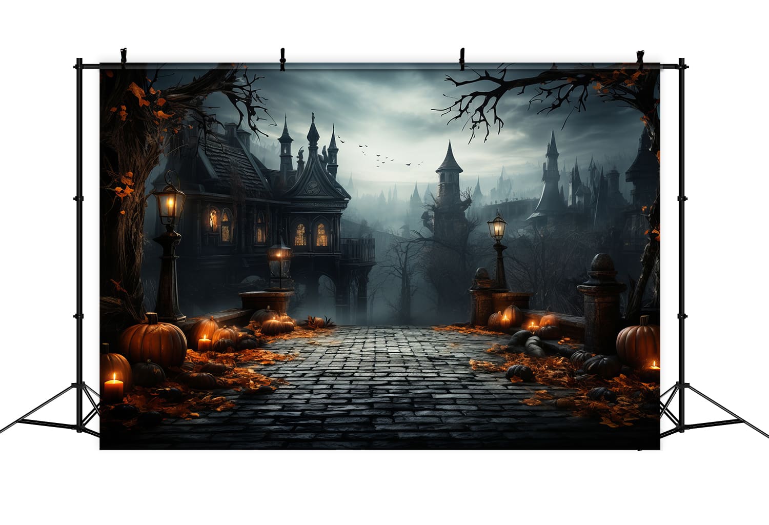 Halloween Scary Castle Pumpkin Lanterns Backdrop RR7-83