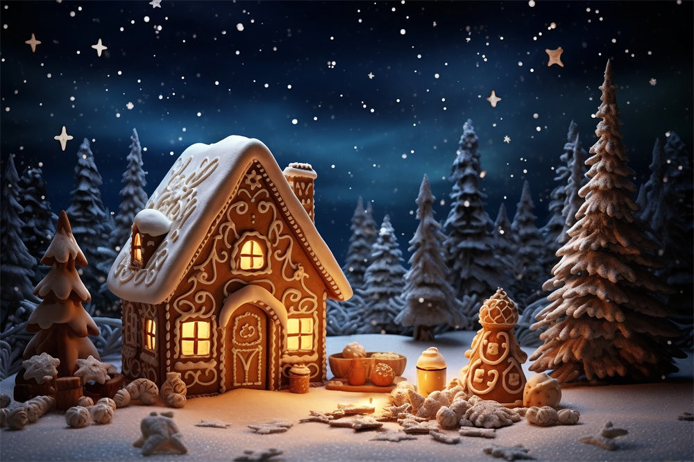 Christmas Night Forest Gingerbread House Backdrop RR7-831