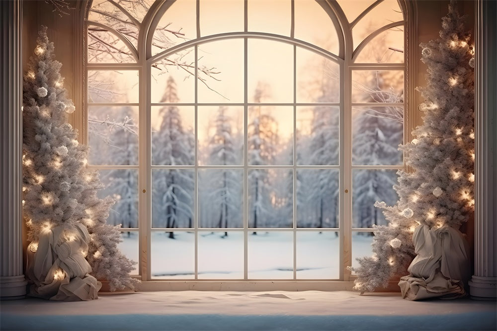 Christmas Tree Window Snow Forest Backdrop RR7-833