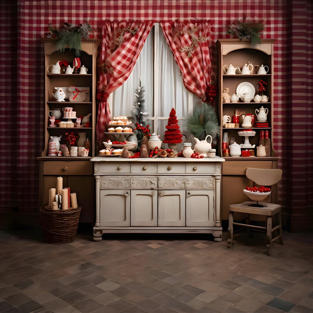 Decorated Christmas Kitchen Shelf Backdrop RR7-841