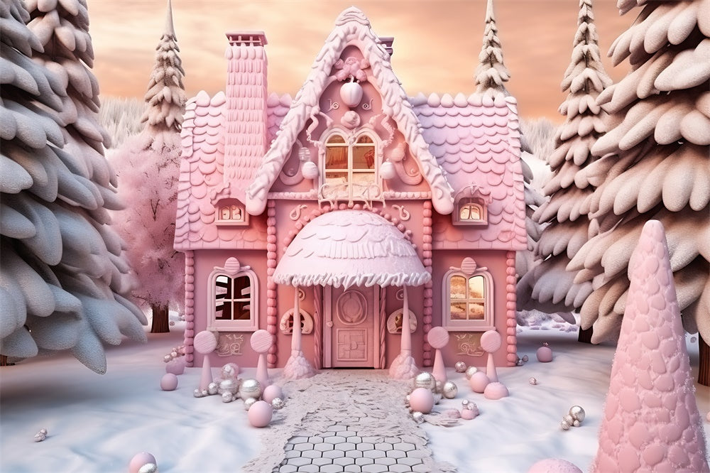 Christmas Pink Candy House Cart Backdrop RR7-845