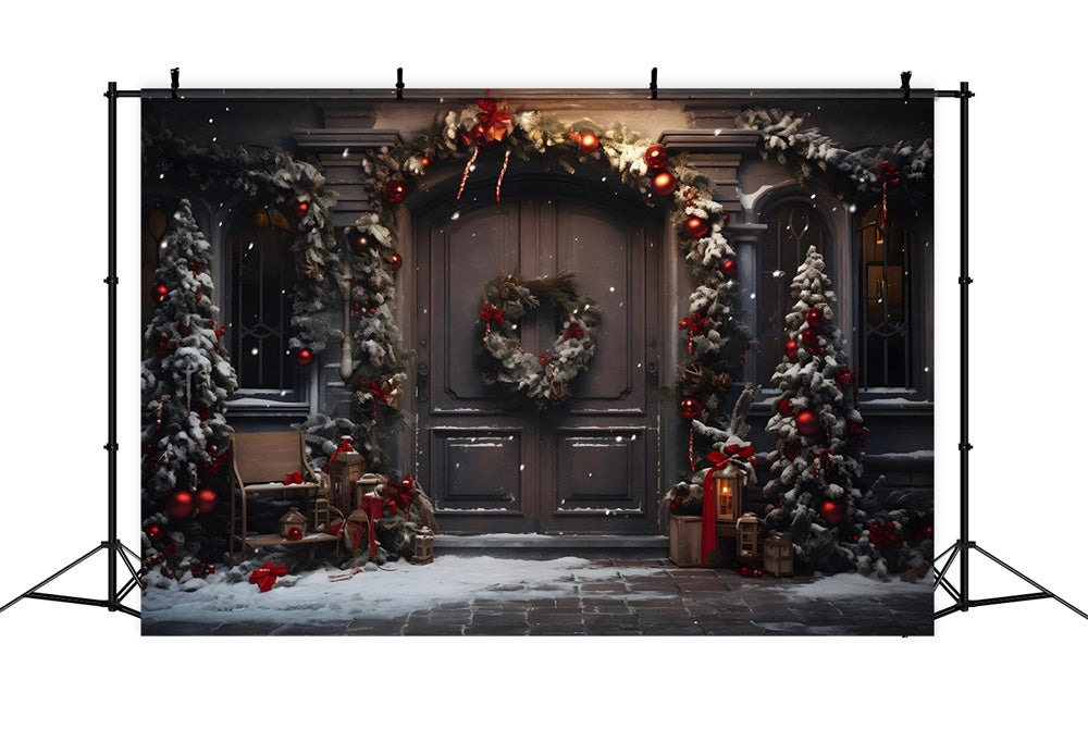 Christmas Trees Wreath Door Snow Backdrop RR7-848