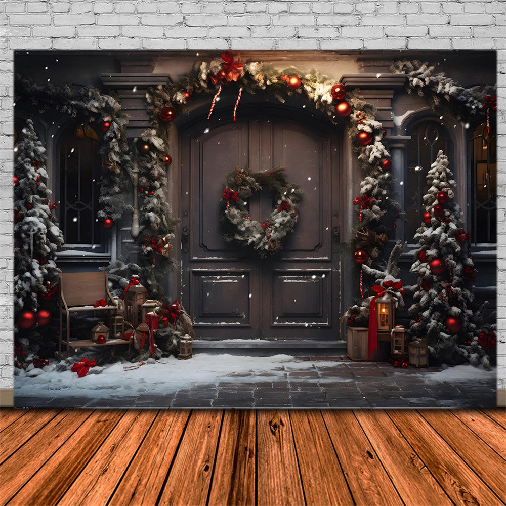 Christmas Trees Wreath Door Snow Backdrop RR7-848