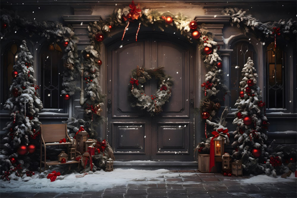 Christmas Trees Wreath Door Snow Backdrop RR7-848