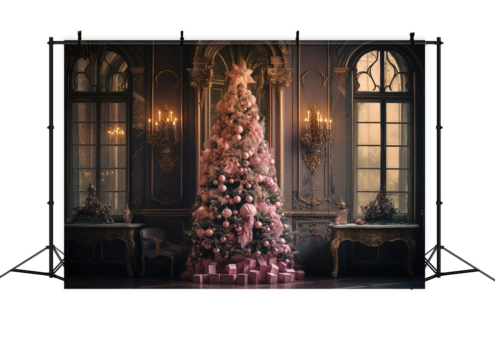 Pink Christmas Tree Wall Window Backdrop RR7-849