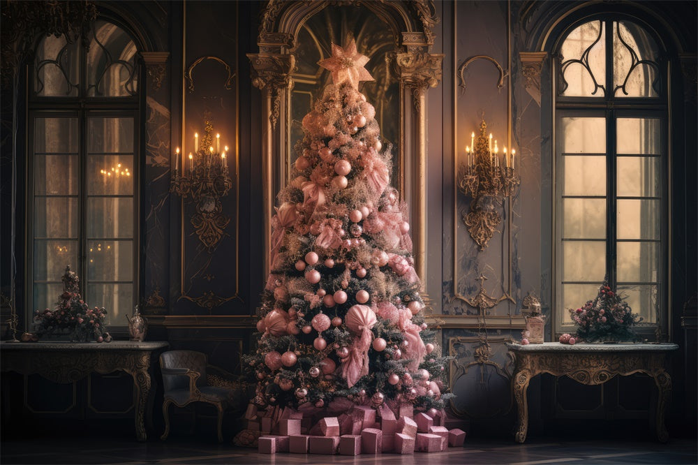 Pink Christmas Tree Wall Window Backdrop RR7-849