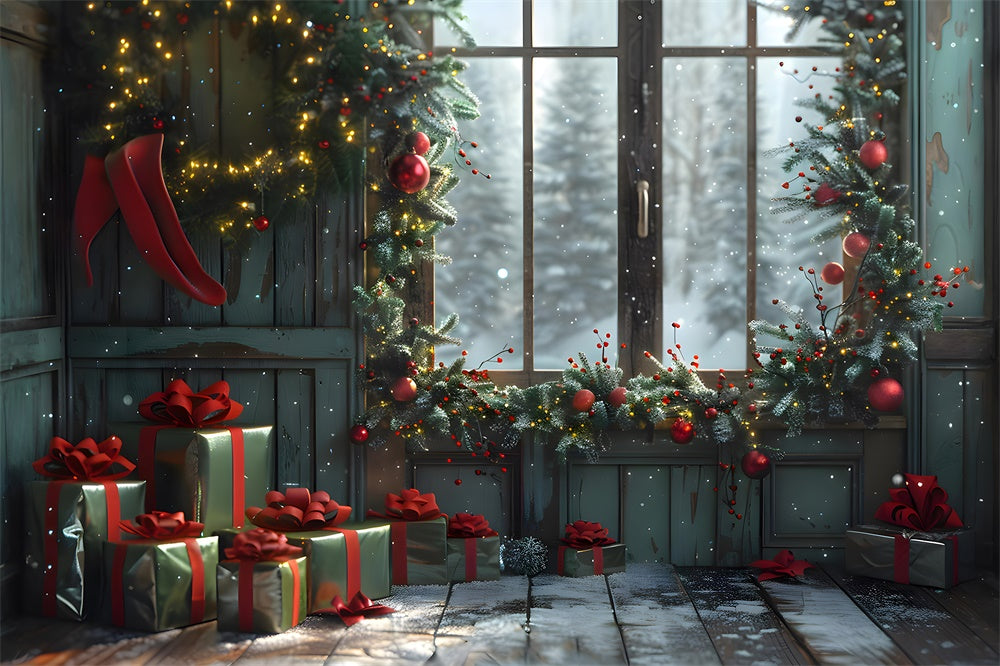 Christmas Gift Boxes Room Window Backdrop RR7-854