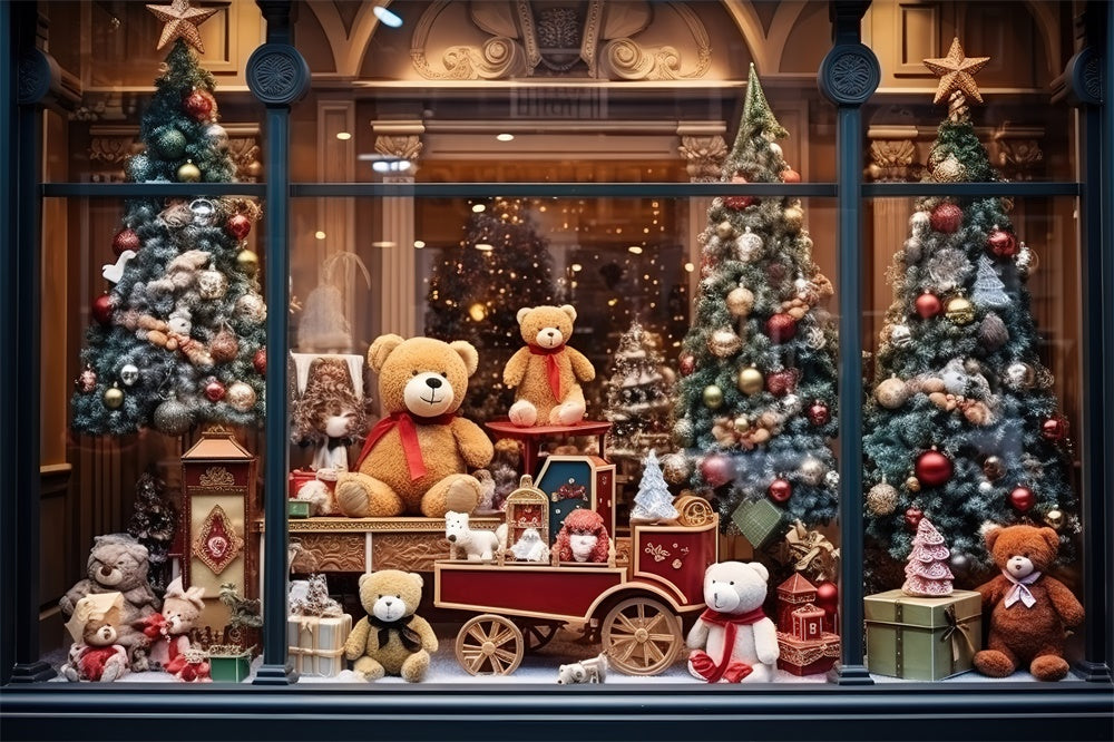 Christmas Tree Bear Toy Shop Window Backdrop RR7-856