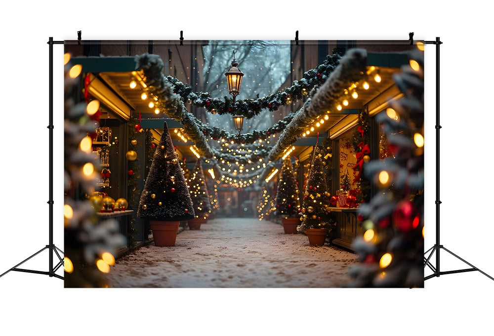 Glowing Christmas Tree Snowy Street Backdrop RR7-858