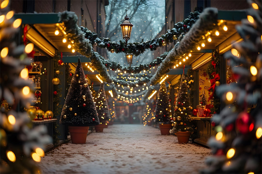 Glowing Christmas Tree Snowy Street Backdrop RR7-858