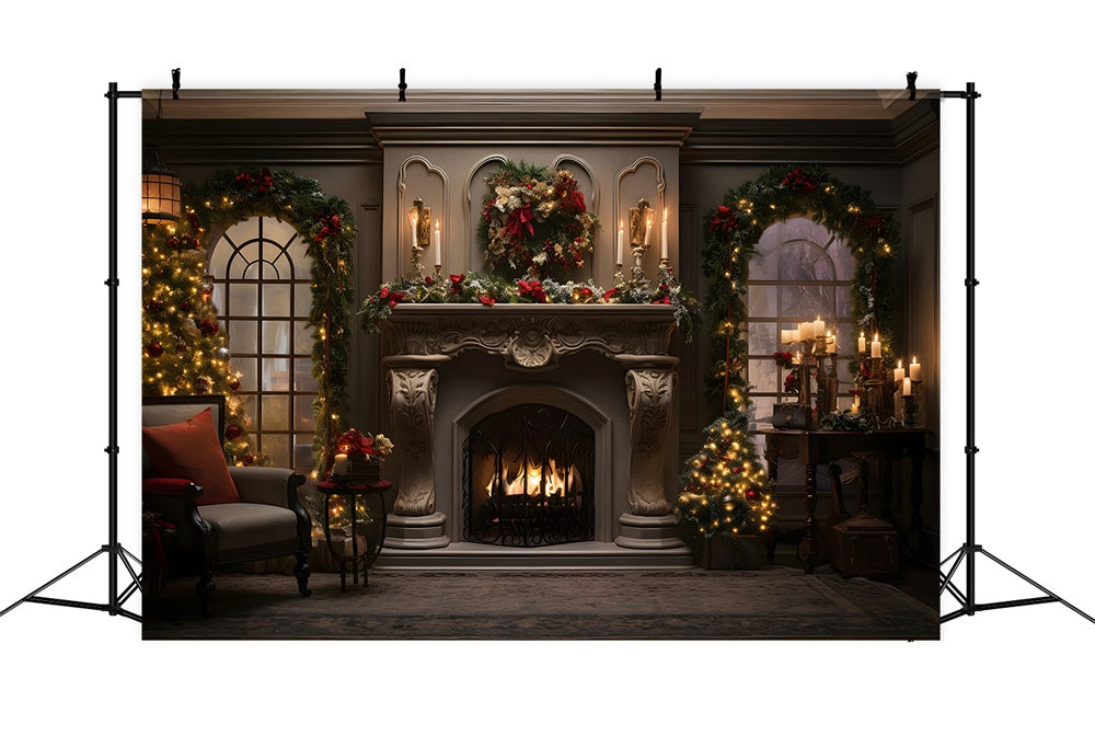 Christmas Living Room Wreath Fireplace Backdrop RR7-861