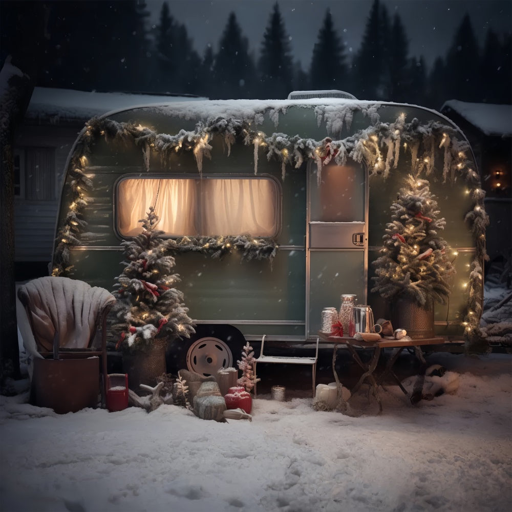 Christmas Tree Snow Green Camper Backdrop RR7-862