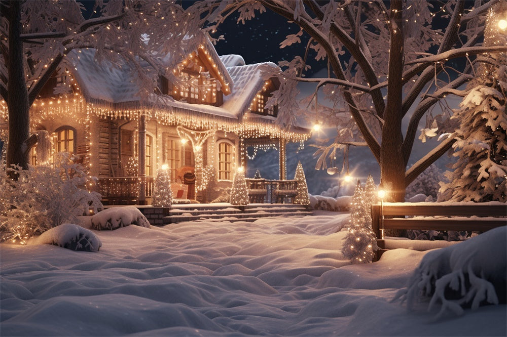 Christmas Tree Snow Evening House Backdrop RR7-867