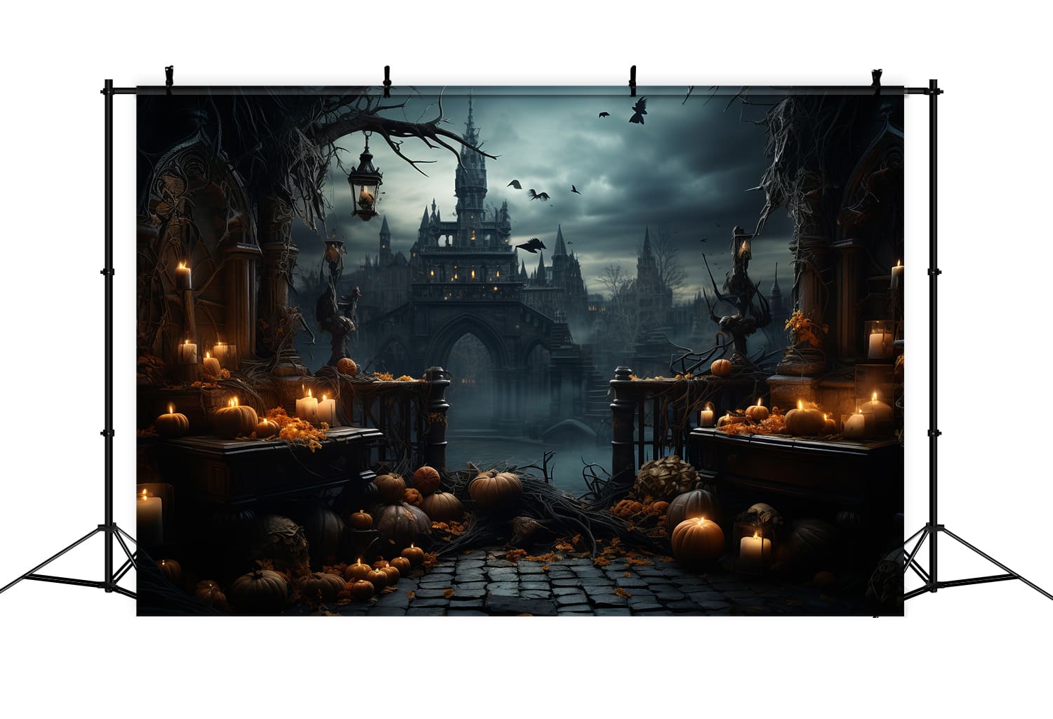 Gothic Castle Halloween Pumpkins Bats Backdrop RR7-87