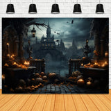 Gothic Castle Halloween Pumpkins Bats Backdrop RR7-87