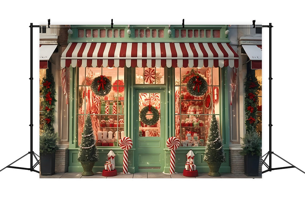 Christmas Shop Wreath Candy Cane Backdrop RR7-872