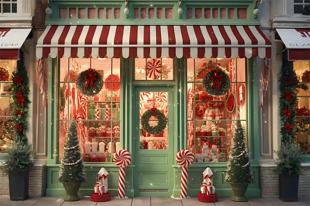 Christmas Shop Wreath Candy Cane Backdrop RR7-872