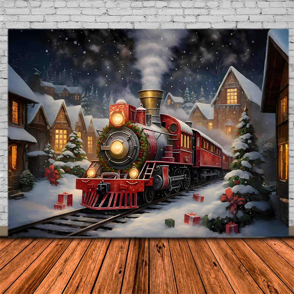 Christmas Train Houses Snow Night Backdrop RR7-876