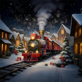 Christmas Train Houses Snow Night Backdrop RR7-876