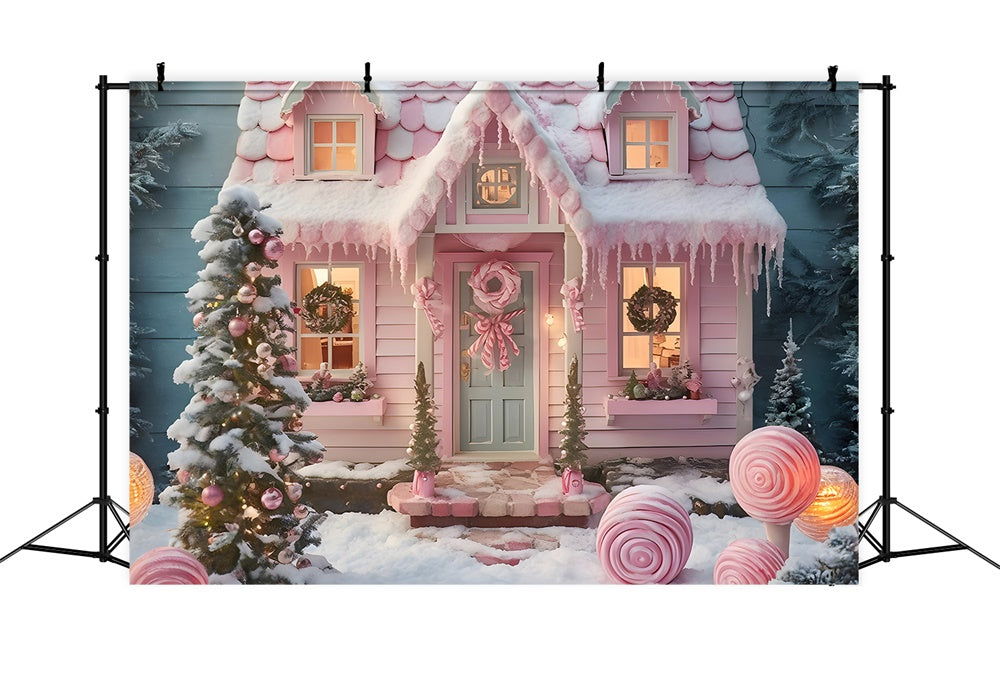 Christmas Tree Pink Candy House Backdrop RR7-878