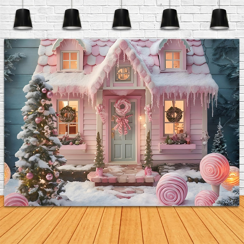 Christmas Tree Pink Candy House Backdrop RR7-878